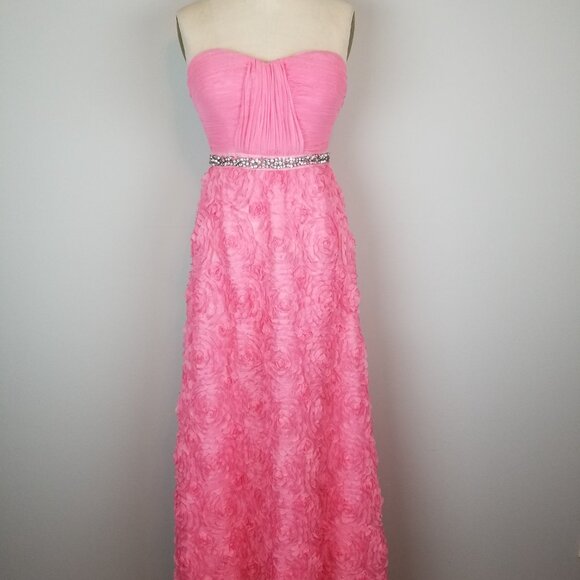 Gorgeous Ruffled Floral Coral Pink Formal Maxi Length Dress with Rhinestone Belt - Picture 3 of 12